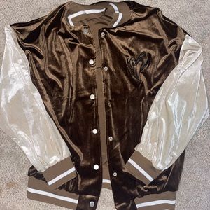 Velvet fuzzy letterman’s jacket